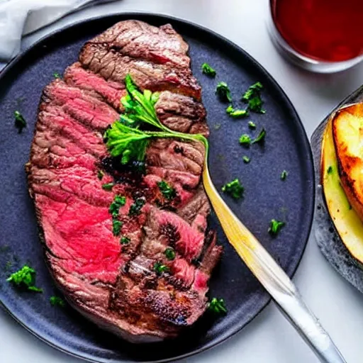 Image similar to a delicious perfectly cooked mouth-watering steak with a steaming-hot baked-potato