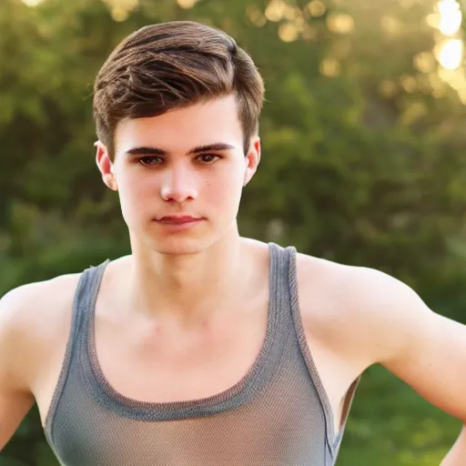 Prompt: Portrait of a 21 yo boy with natural brown hair, smooth pale skin. mesh tank top. Detailed face. Blue sky.