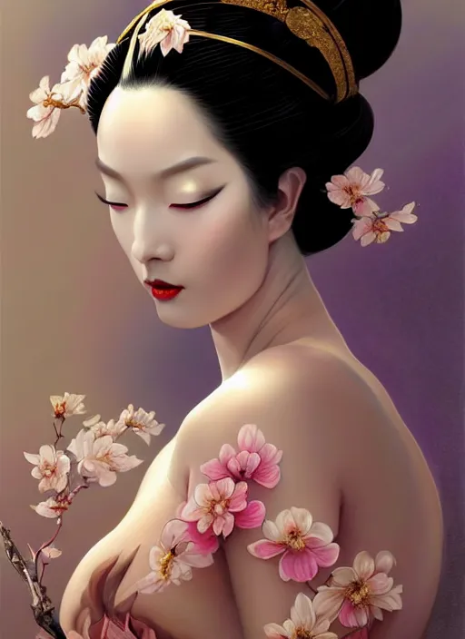Image similar to organic seductive Geisha, pearlescent skin, diffuse lighting, fantasy, intricate, elegant pose, highly detailed, lifelike, photorealistic, digital painting, artstation, illustration, concept art, different point of view, smooth, sharp focus, art by John Collier and Albert Aublet and Leonardo da vinci and Moebius and Krenz Cushart and Artem Demura and Alphonse Mucha