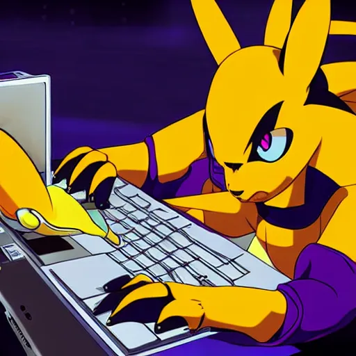 Image similar to digital art of renamon using a computer, anime style, anime wallpaper 4 k, by tomer hanuka