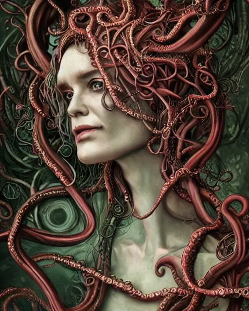 Image similar to centered beautiful detailed side view profile portrait of a dead, crazed, mad old woman, ornate tentacles growing around, ornamentation, thorns, vines, tentacles, elegant, beautifully soft lit, full frame, by wayne barlowe, peter mohrbacher, kelly mckernan, h r giger