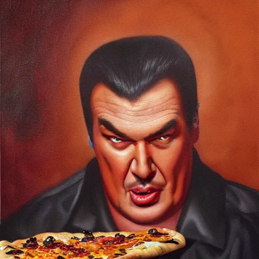 Prompt: Oil painting by Christian Rex Van Minnen of a portrait of an extremely bizarre disturbing mutated steven seagal who is eating pizza, with intense chiaroscuro lighting very detailed insanely creepy perfect composition