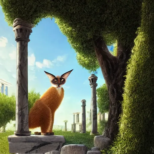 Prompt: cute fluffy caracal wearing toga, in ancient greek town, marble columns, olive trees, sunny, a beautiful landscape by gediminas pranckevicius