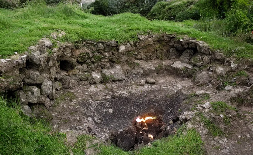 Image similar to cave built into an early medieval village lit by torches, plants