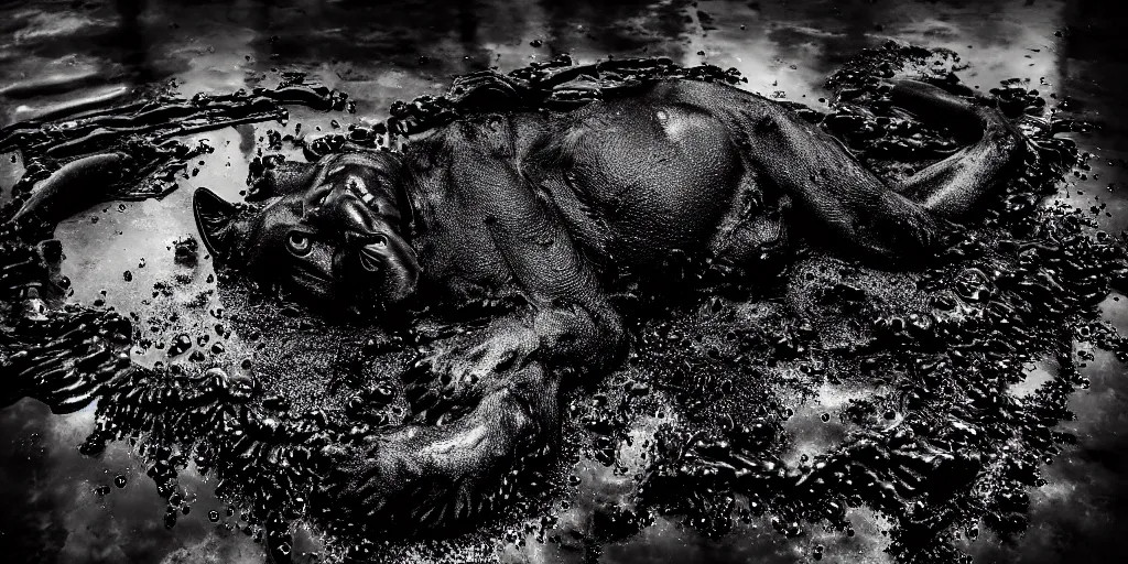 Prompt: the black lioness made of ferrofluid, laying on their back, bathing in a bathrub filled with tar, dripping tar, drooling goo, covered in slime, sticky black goo, dripping goo, sticky black goo. photography, dslr, reflections, black goo, rim lighting, cinematic light, tar pit, chromatic, saturated, slime, modern bathroom