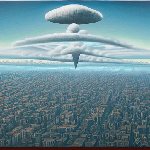 Image similar to prompt : big alien spaceship shaped like cloud hanging above city by jeffrey smith, oil on canvas