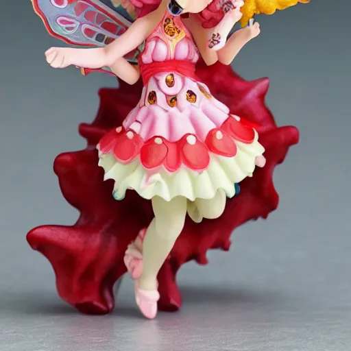 Prompt: a femo figurine of a cute funny strawberry fairy with a frilly floral dress featured in genshin impact