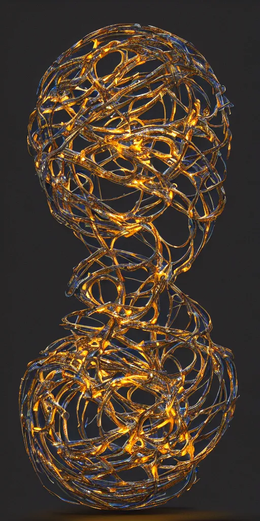 Prompt: a photorealistic render of an organic sculpture made of melted metal, bright neon circles on a black background, c 4 d, by zhelong xu, ouchh studio and ernst haeckel, wide angle, hyper realistic, 8 k, volumetric lightning, octane render