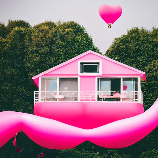 Prompt: a 5 0 mm lens photograph of a cute pink floating modern house in the air, held up by a singular heart shaped vibrant ballon, inspired by the movie up. mist, playful composition canon, nikon, award winning, photo of the year
