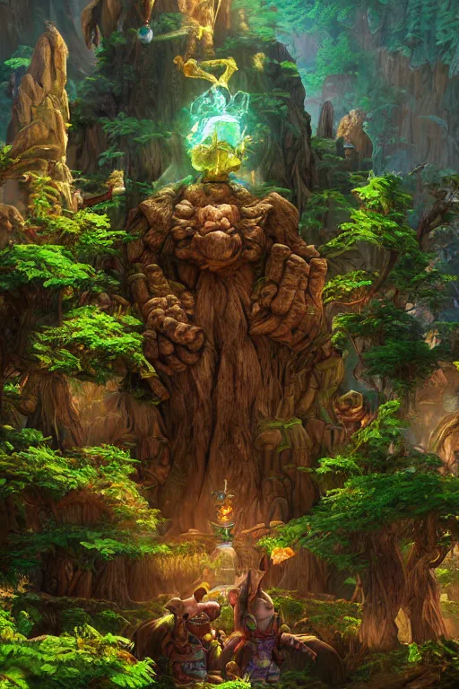 Image similar to zelda fantasy art giant golem troll wood rock greeble gemstone enchanted forest, global illumination ray tracing hdr fanart arstation by sung choi and eric pfeiffer and gabriel garza and casper konefal bastion forged hardmesh lisa frank zbrush central radiating a glowing aura global illumination ray tracing hdr