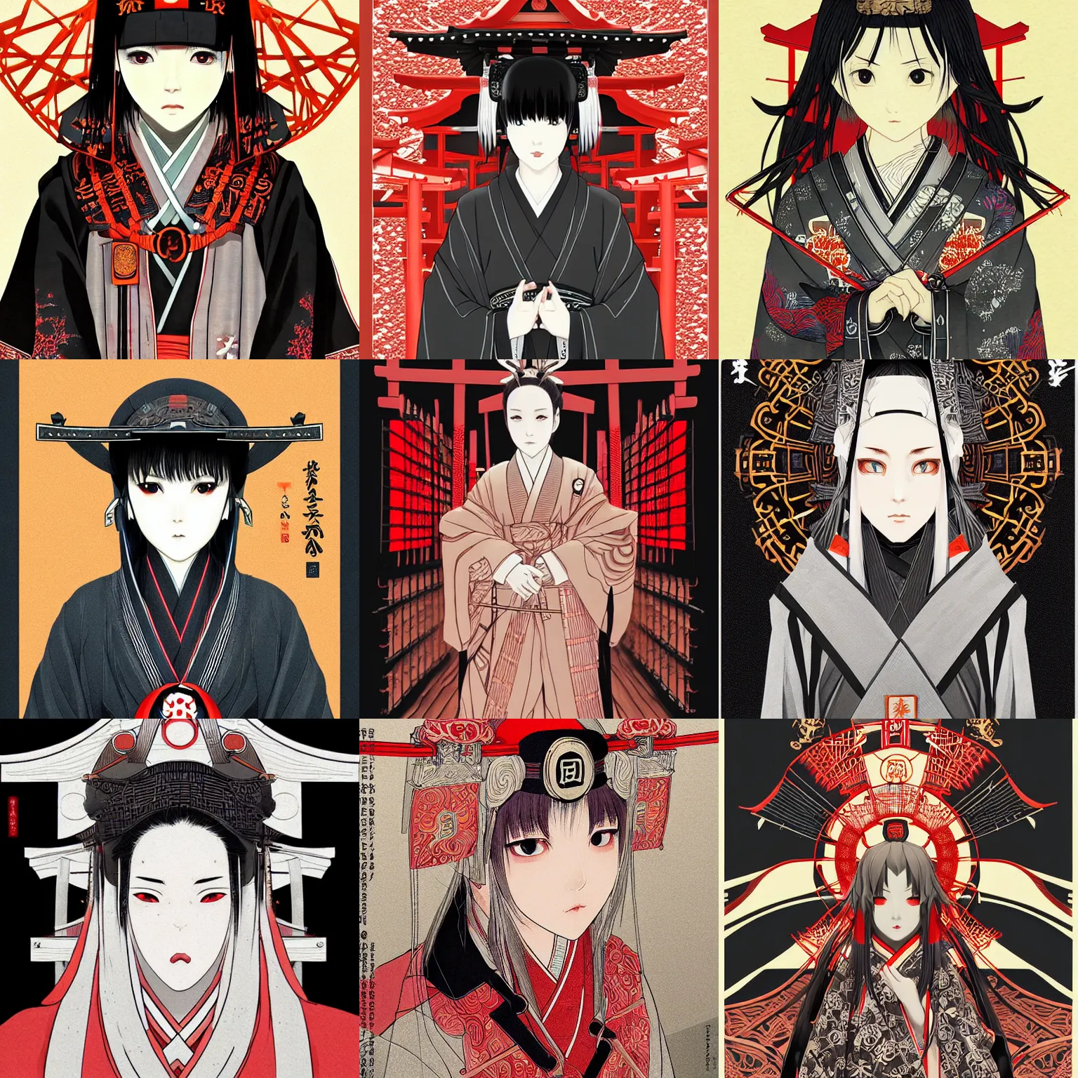 Prompt: techwear kimono occultist, torii gate, inari shrine, miko, shindo, beautiful, detailed symmetrical close up portrait, intricate complexity, in the style of kyoto animation key visuals and takato yamamoto, artgerm, cel shaded