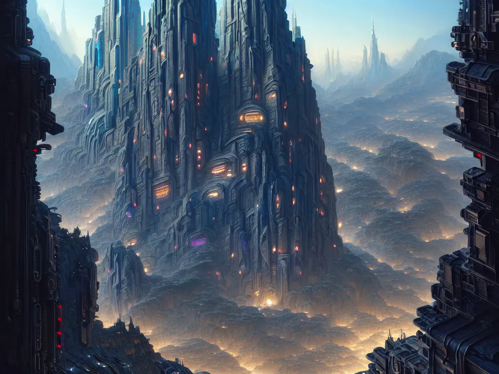 Image similar to ultra detailed, futuristic cityscape carved into mountain wall, cyberpunk, fantasy, intricate details, elegant, super highly detailed, professional digital painting, artstation, concept art, smooth, sharp focus, extreme illustration, Unreal Engine 5, Photorealism, 8k, cinematic, art by artgerm and greg rutkowski and alphonse mucha and loish and WLOP