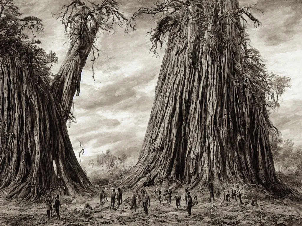 Prompt: People from the tribes stuck in the mud near a giant fallen sequoia tree. Painting by Caspar David Friedrich, Sebastiao Salgado