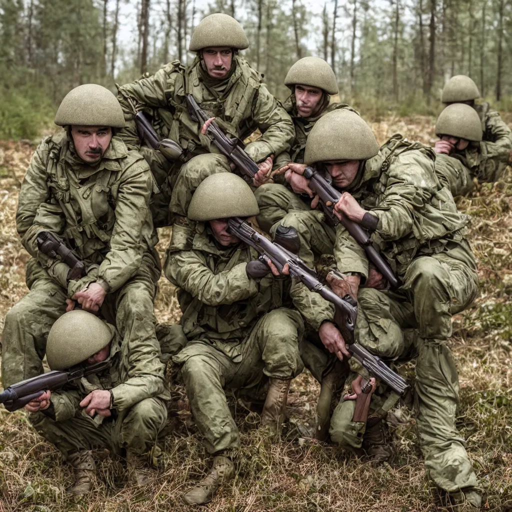 Prompt: soviet spetsnaz soldiers with mushrooms instead of helmets, retro, very detailed, 4 k, professional photography