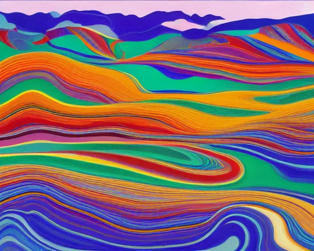 Image similar to A wild, insane, modernist landscape painting. Wild energy patterns rippling in all directions. Curves, organic, zig-zags. Saturated color. Mountains. Clouds. Rushing water. Wayne Thiebaud. Lisa Yuskavage landscape.