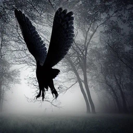 Image similar to huge owl with outstretched wings flapping flying at night through fog in the forest lit by the full moon fog moving through feathers