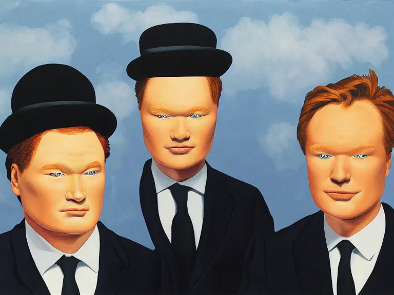 Image similar to Conan O'Brien and Andy Richter painting by rene magritte, high detail, high resolution