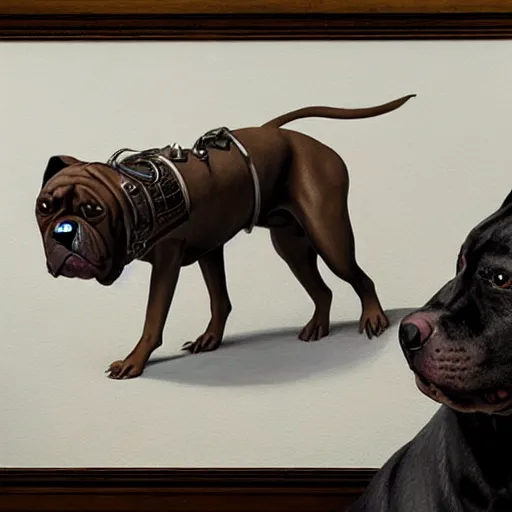 Image similar to a hyperrealistic painting of a steampunk pitbull dog, by john kenn mortensen, highly detailed,