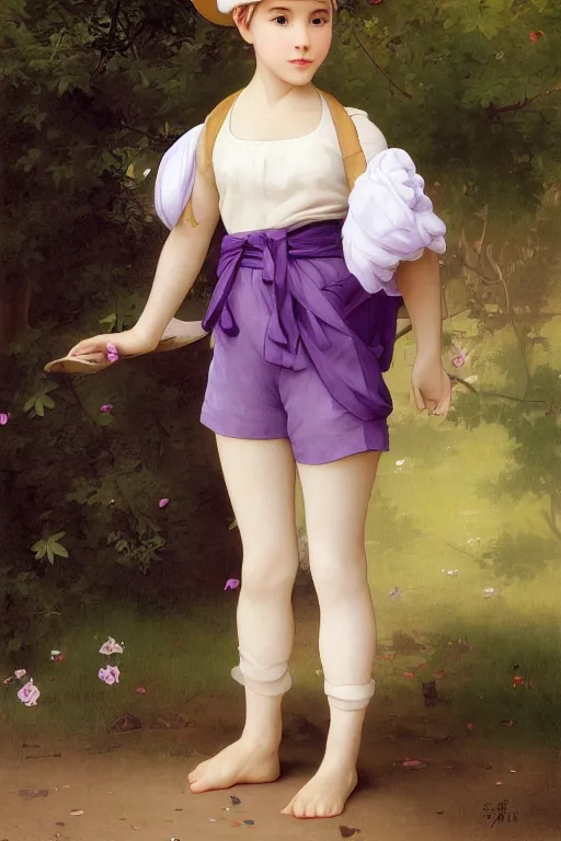 Image similar to Full View girl with short blond hair wearing an oversized purple Beret, Baggy Purple overall shorts, Short Puffy pants made of silk, silk shoes, a big billowy scarf, Golden Ribbon, and white leggings Covered in stars. Short Hair. masterpiece 4k digital illustration by Ruan Jia and Mandy Jurgens and Artgerm and william-adolphe bouguereau, award winning, Artstation, art nouveau aesthetic, Alphonse Mucha background, intricate details, realistic, panoramic view, Hyperdetailed, 8k resolution, intricate art nouveau