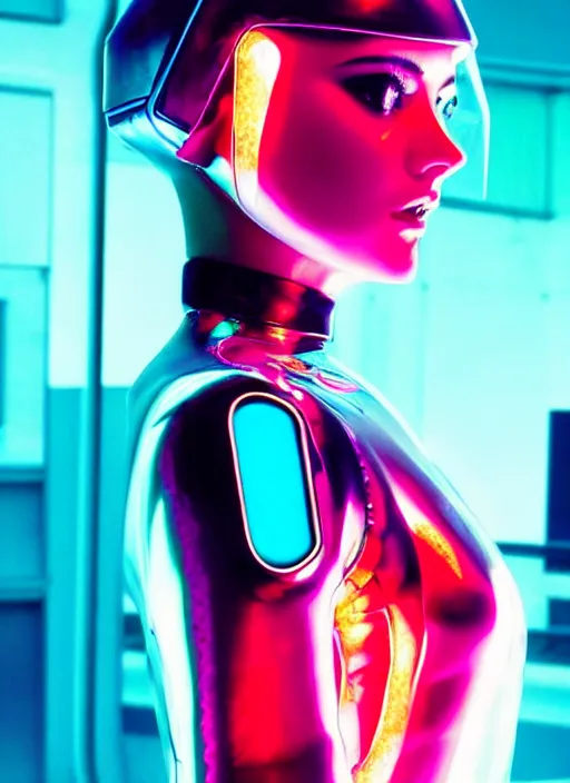 Image similar to a sensual female humanoid with freckles cheeks, retro futurism, cyber neon lighting, detailed futuristic jewelry, retro futuristic glossy latex suit, transparent vest, profile posing, hyper photorealistic, crispy quality, digital photography, trending in artstation, trending in pinterest, cinematic, 4 k ultra hd, art by pascal blanche, art by greg rutkowski,