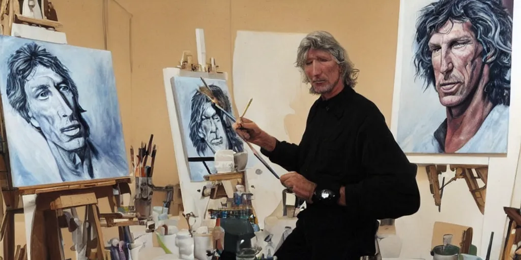 Prompt: pink floyd's roger waters, stands at his easel, painting a self portrait