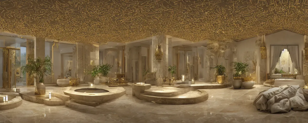 Image similar to 3 d render of a cinematic interior of a triple height hyper luxury spa with everything made of gold, candles, windows with view to desert mountains and river, beige stone marble floor with reflection, small wellness relaxation pool, potted plants, intricate hieroglyph detailed roof, contemporary design, fractal sacred geometry, 8 k, hyperrealistic, photorealism,