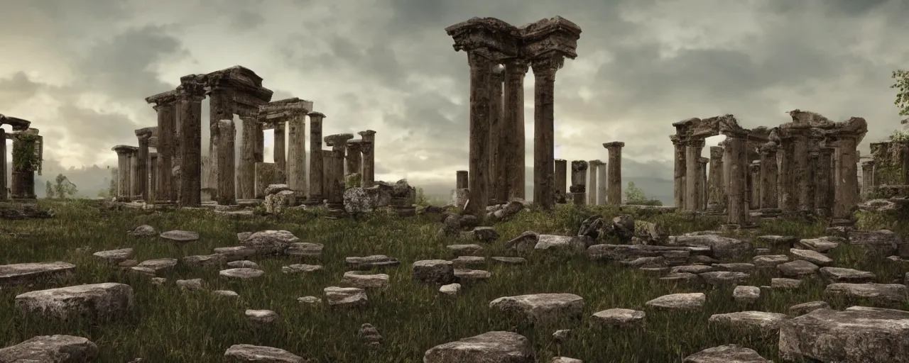 Prompt: an ancient ruined temple of the old Pagan Gods, 8k hyper realistic, Photorealistic, rendered by Octane