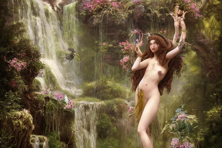 Prompt: a highly detailed beautiful divine tribal high priestess and water nymphs with feathers and crystals in a lush field of flowers, playing in waterfalls, wide painting by greg rutkowski and hr giger, zbrush, trending on artstation - h 1 0 2 4