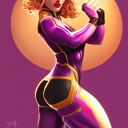 Image similar to scarlett johansson as thanos, feminine beautiful muscular fitness model wearing armor, purple skin, red lips, strong jaw, pin up, attractive, highly detailed upper body portrait, pretty face, elegant, breathtaking art, concept art, by artgerm and ilya kuvshinov