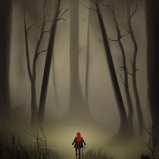 Prompt: A lone adventurer walking through a dense forest, thick Fog, spooky, scary, dark, digital painting, illustration, concept art, artstation, 4k, by Heraldo Ortega