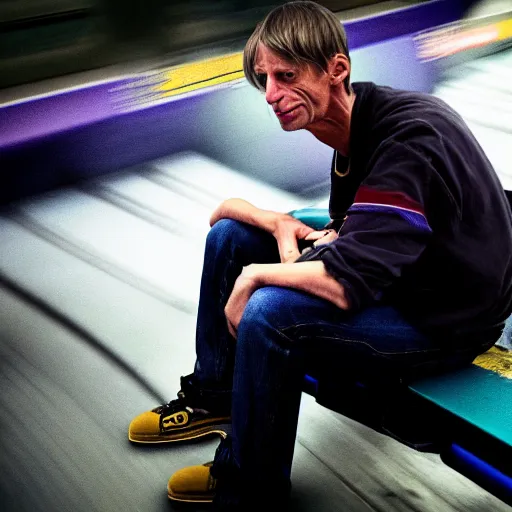 Image similar to tony hawk with his legs amputated on a subway train, photograph, saturated colors, emotional lighting, moody shadows, 4 k