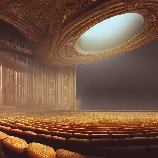 Image similar to landscape architect matte painting of a large ominous theatre with a large center - stage lit by the sunlight of a skylight dome above the stage, detailed illustration, dramatic lighting