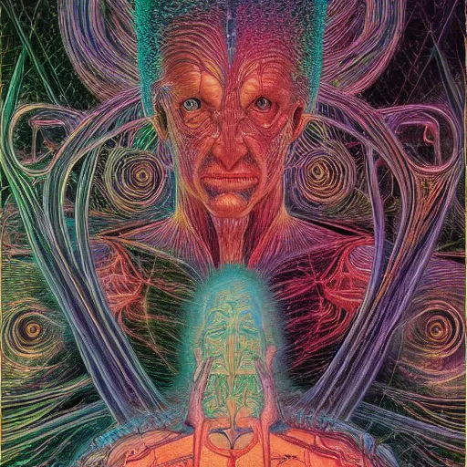 Image similar to an exhausted deity, contemplating existence, beyond the known universe, fine art, bokeh, omnidimensional, ocd, electroluminescent wire by wayne barlowe + jack davis + alex grey