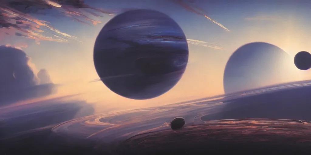 Image similar to blue dreamy cloudscape with a single planet in the clouds, daylight, cinematic lighting, cinematic perspective, syd mead, john harris, federico pelat,