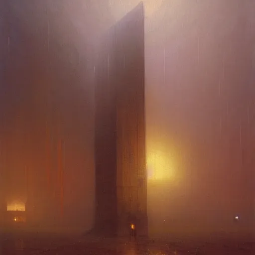 Image similar to detailed painting of a highrise pod by beksinski interior, volumetrics lights, beam of bright lights through the fog, andreas achenbach