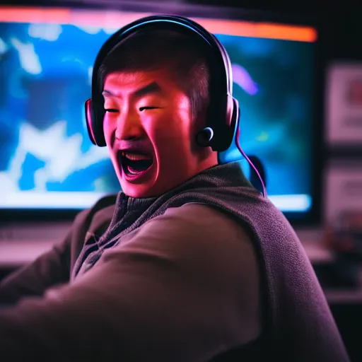 Prompt: Photo of Genghis Khan, wearing a headset, playing Overwatch, close-up, raging, screaming at screen high detail, studio, 85mm Sigma Art Lens