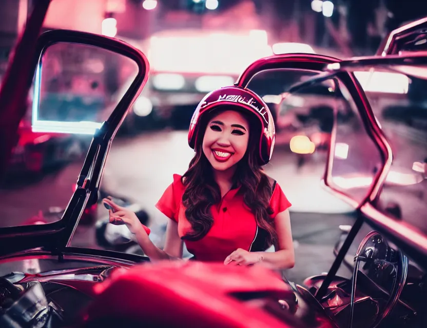 Prompt: twitch streamer Pokimane as a 1960s race car driver with racing helmet, by Brandon Woelfel, symmetrical face, symmetrical eyes, maximum realism, maximum detail, Cinematic lighting,