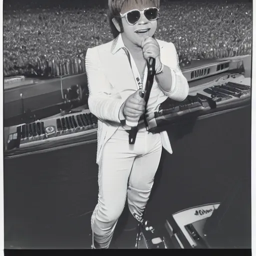 Prompt: Elton John Age 25, Dodgers Stadium concert in 1975, ultradetailed, polaroid picture, enhanced quality polaroid photo, 4k