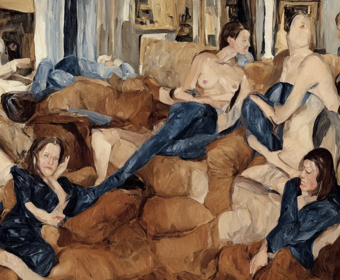 Image similar to two women, in an old english apartment on a brown leather sofa. one is wearing a dark blue sweather, the other a white shirt. brown hair, they are looking into the camera. wide shot. in the style of lucien freud. oil painting.