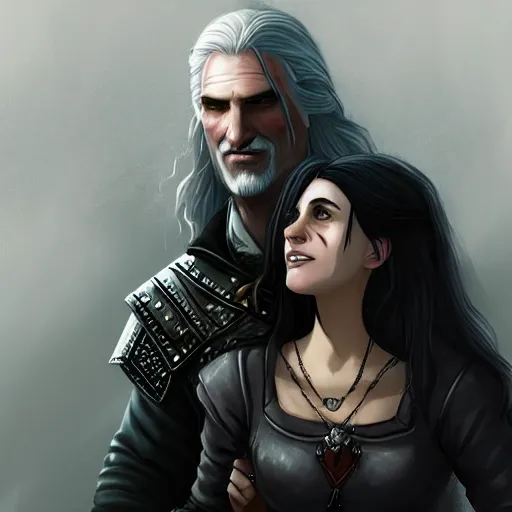 Prompt: Portrait of Geralt of Rivia with a smiling Yennefer of Vengerberg leaning her head on his shoulder, character design, fantasy, intense, dark atmosphere, highly detailed, ArtStation, trending on ArtStation, by Rinotuna