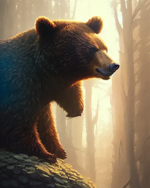 Image similar to highly detailed vfx portrait of a ferocious bear, stephen bliss, unreal engine, greg rutkowski, loish, rhads, beeple, makoto shinkai and lois van baarle, ilya kuvshinov, rossdraws, tom bagshaw, alphonse mucha, global illumination, detailed and intricate environment