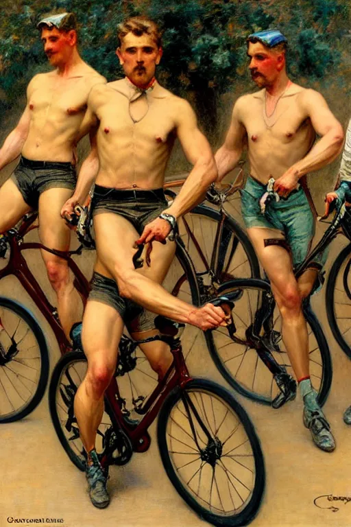 Image similar to handsome male cyclists, tour de france painting by gaston bussiere, craig mullins, j. c. leyendecker, tom of finland