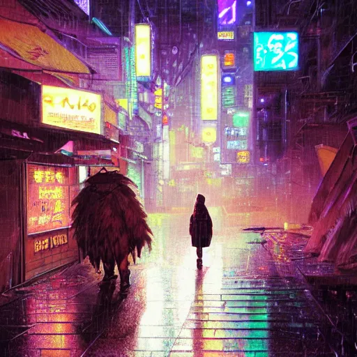 Prompt: cyborg caveman on the streets of tokyo, with neon lights, while it's raining, stephen bliss, unreal engine, fantasy art by greg rutkowski, loish, rhads, ferdinand knab, makoto shinkai, ilya kuvshinov, rossdraws, global illumination, radiant light, detailed and intricate environment