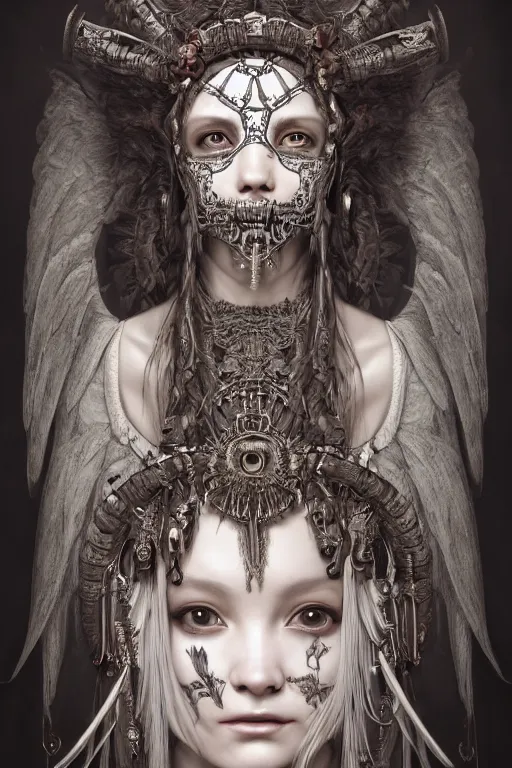 Image similar to A masterpiece ultrarealistic portrait of a Irristible angel princess tribal-shaman-knight-witch-ghost with Skull Iron mask. baroque renaissance girl in the night forest. medium shot, intricate, elegant, highly detailed. trending on artstation, digital art, by Stanley Artgerm Lau, WLOP, Rossdraws, James Jean, Andrei Riabovitchev, Marc Simonetti, Yoshitaka Amano. background by James Jean and Gustav Klimt, light by Julie Bell, 4k, porcelain skin.