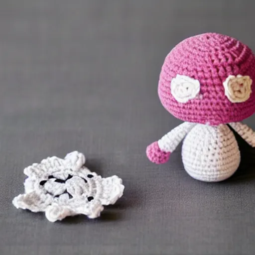 Image similar to product image of a cute crochet grandma made of crochet who's making a crochet. high resolution