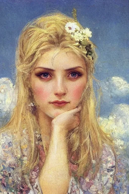 Image similar to close - up fashion blonde woman portrait airy flowers cloudy sky art by vasnetsov