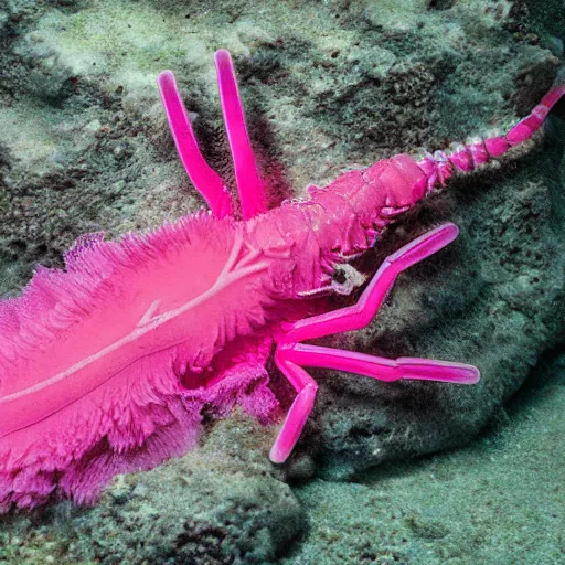 Prompt: pinkish crustacean with a pair of membranous bat - like wings. where a head would be, they have a pink brain coral and are covered in antennae. ( 1. 5 m ) numerous sets of paired appendages. unreal engine, national geographic wildlife photo, studio lighting, water cuastics
