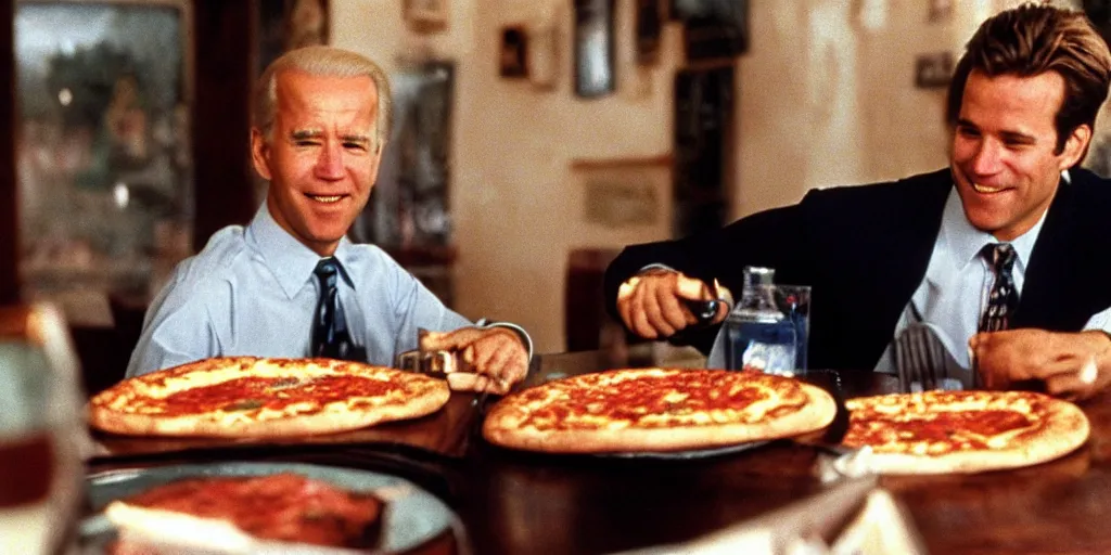 Prompt: color film of joe biden eating pizza in an italian restaurant 1 9 9 4 im the film of good will hunting, grinning, close up, detailed