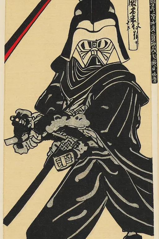 Prompt: Japanese woodblock print of Darth Vader holding a samurai sword , Hokusai