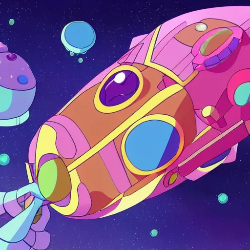 Image similar to Cartoon network Steven Universe design of a cute damaged spaceship shaped like a mechanical jelly fish flying in hyperspace, beautiful clear detailed 8k digital art, final render